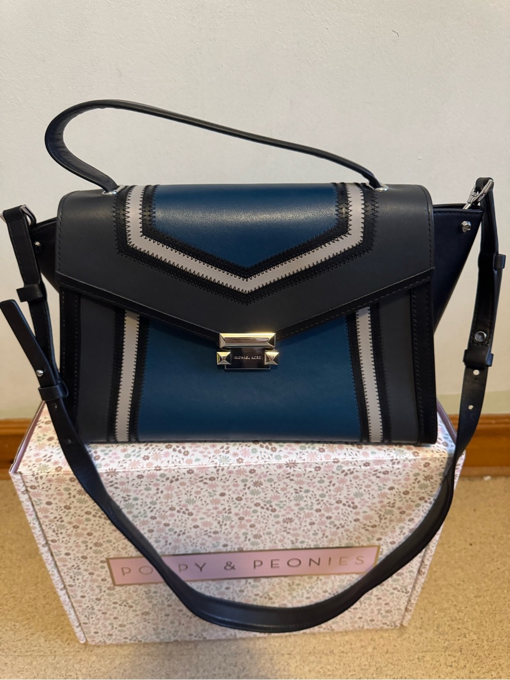 Michael Kors Blue, Black and Cream Structured Top-Handle Satchel
